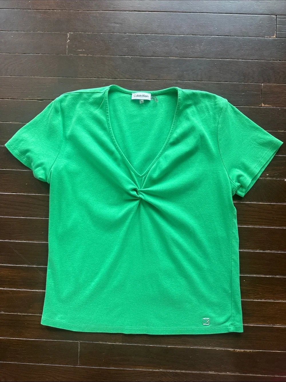 Calvin Klein Bright Green Twist-Front V-Neck Short Sleeve Top - Picture 1 of 6